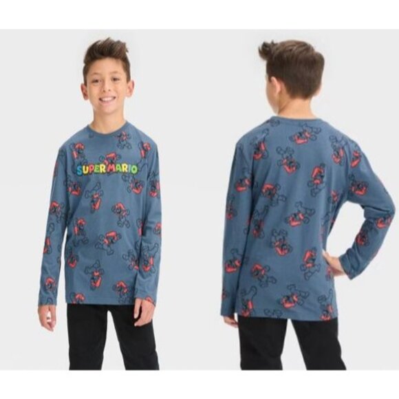 Super Mario Boy's Long Sleeve Graphic T-Shirt -Steel Blue Small - Picture 1 of 9